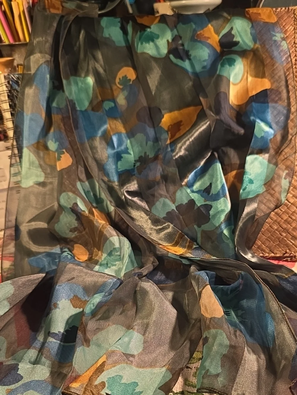 Cejon Accessories Sheer Teal & Gold Watercolor Floral Scarf Wrap